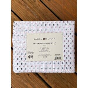 Tommy Hilfiger Nautical Anchor Printed Full Sheet Set 100% Cotton White Blue Red